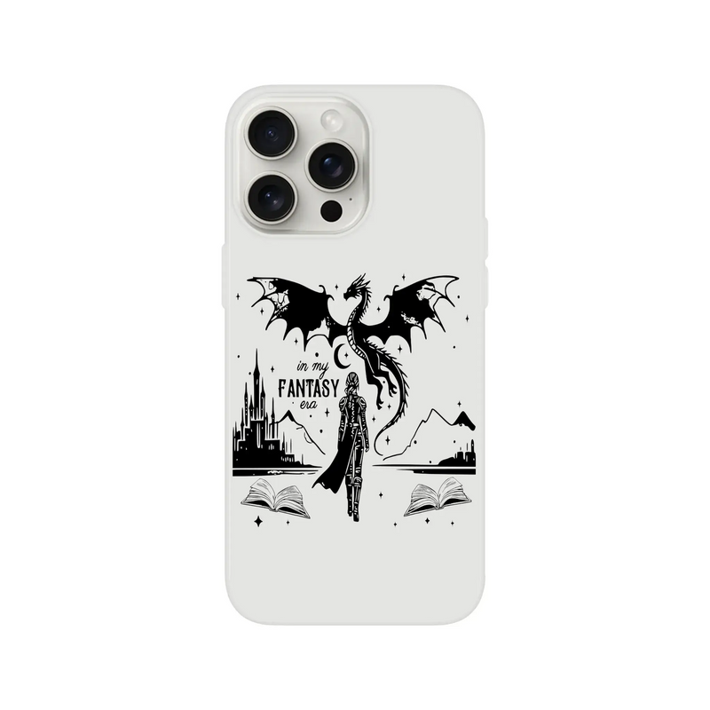 In My Fantasy Era Flexi phone case featuring a dragon and fantasy elements, with a frosty transparent design.