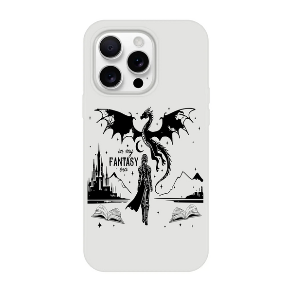 In My Fantasy Era flexi phone case with dragon design, mountain scenery, and open books, ideal for artistic protection.