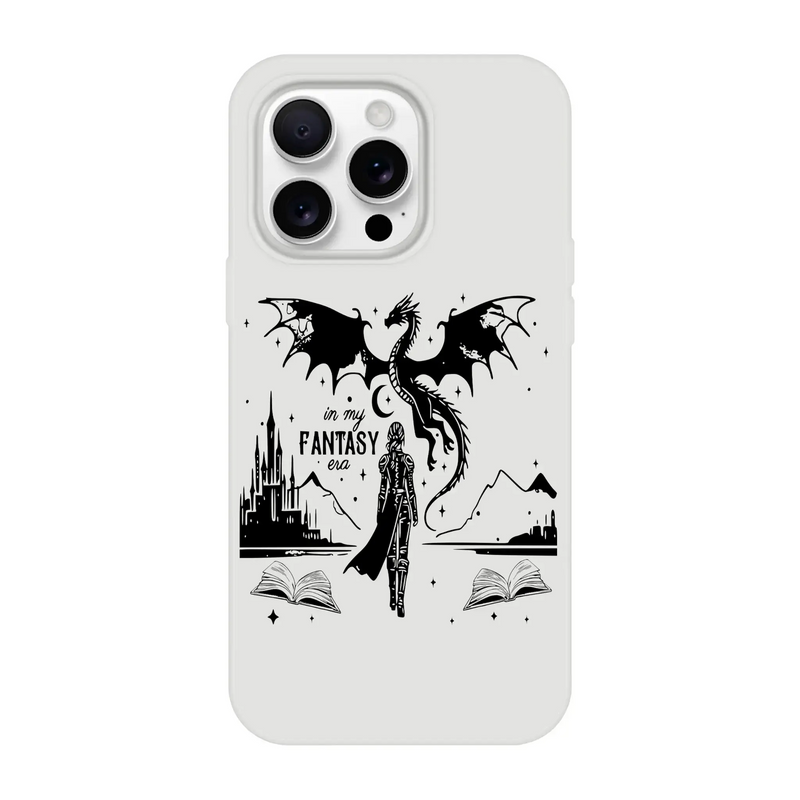In My Fantasy Era flexi phone case with dragon design, mountain scenery, and open books, ideal for artistic protection.