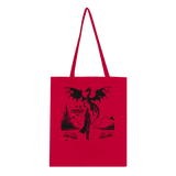 Red tote bag with a fantasy illustration featuring a dragon and castle, perfect for eco-conscious shoppers.