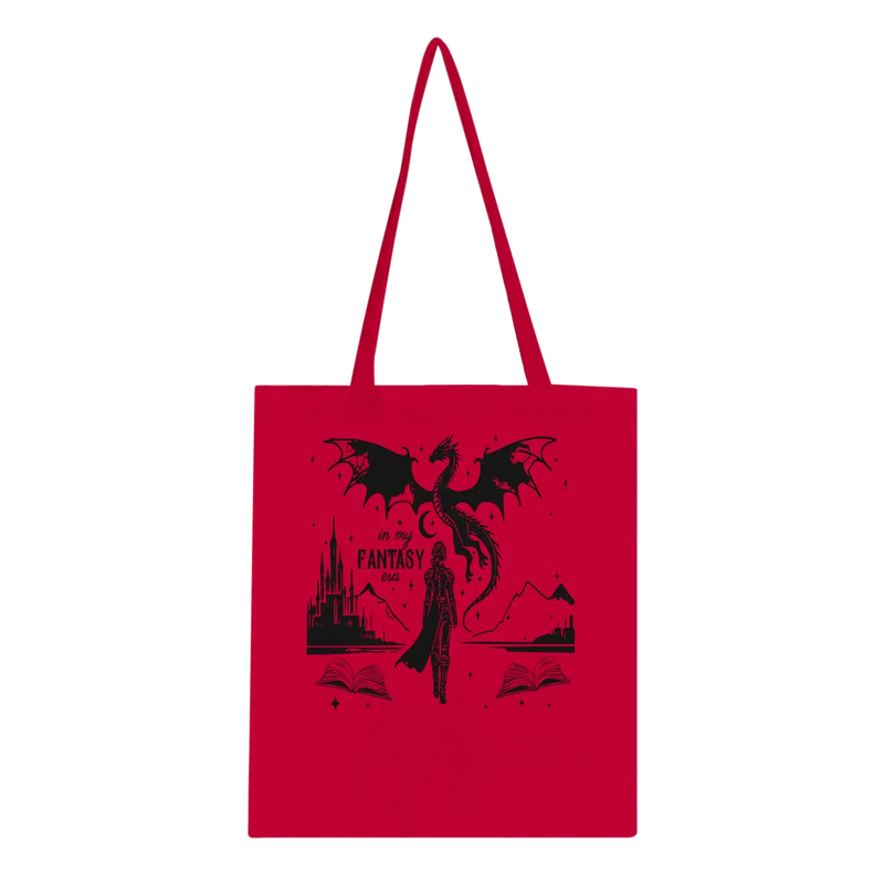 Red tote bag with a fantasy illustration featuring a dragon and castle, perfect for eco-conscious shoppers.