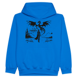 Kids blue hoodie featuring a fantasy design with a dragon and castle, perfect for imaginative play.