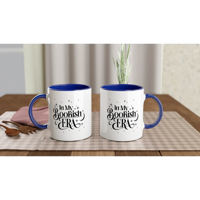 In My Bookish Era white ceramic mug with blue inside, perfect for coffee and hot beverages, dishwasher and microwave safe.