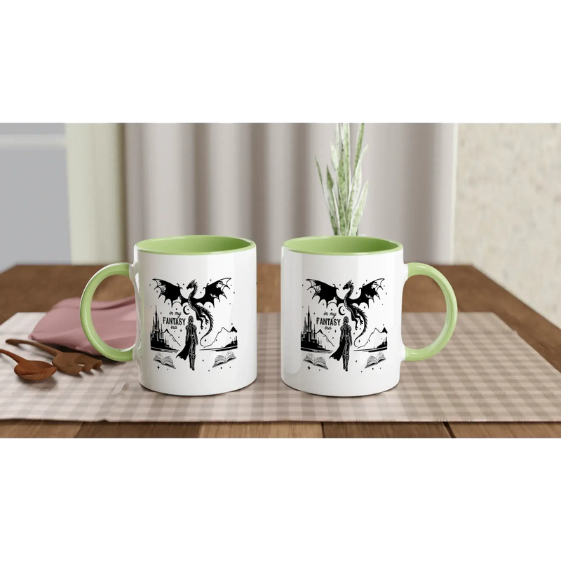 In My Fantasy Era white 11oz ceramic mug with green interior, perfect for coffee or hot beverages on a cozy table.