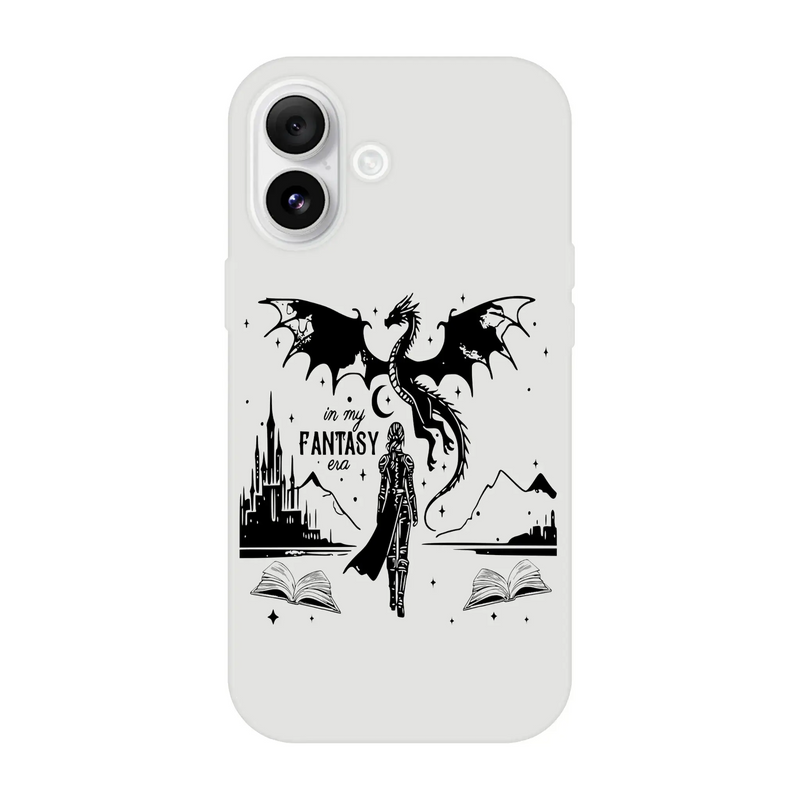 In My Fantasy Era Flexi phone case featuring a dragon and fantasy landscape design, with precise openings for easy access.