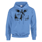 In My Fantasy Era unisex pullover hoodie in light blue with dragon design and front pouch pocket.