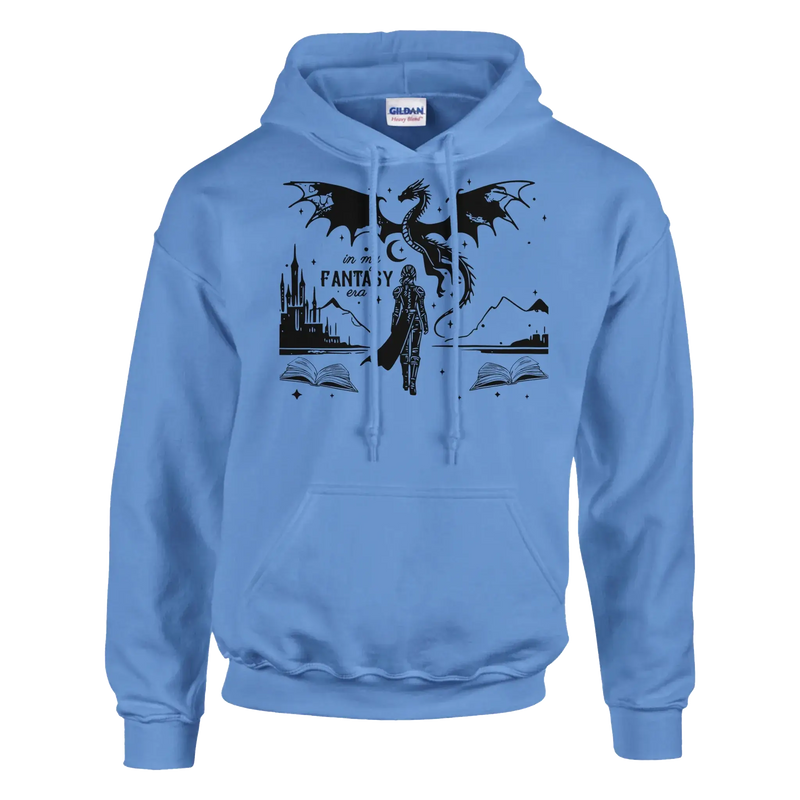 In My Fantasy Era unisex pullover hoodie in light blue with dragon design and front pouch pocket.