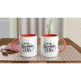 In My Bookish Era white ceramic mugs with colored inside on a table, perfect for coffee or hot beverages.