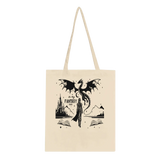 In My Fantasy Era tote bag featuring a dragon, castle, and mountains design on eco-friendly cotton fabric.