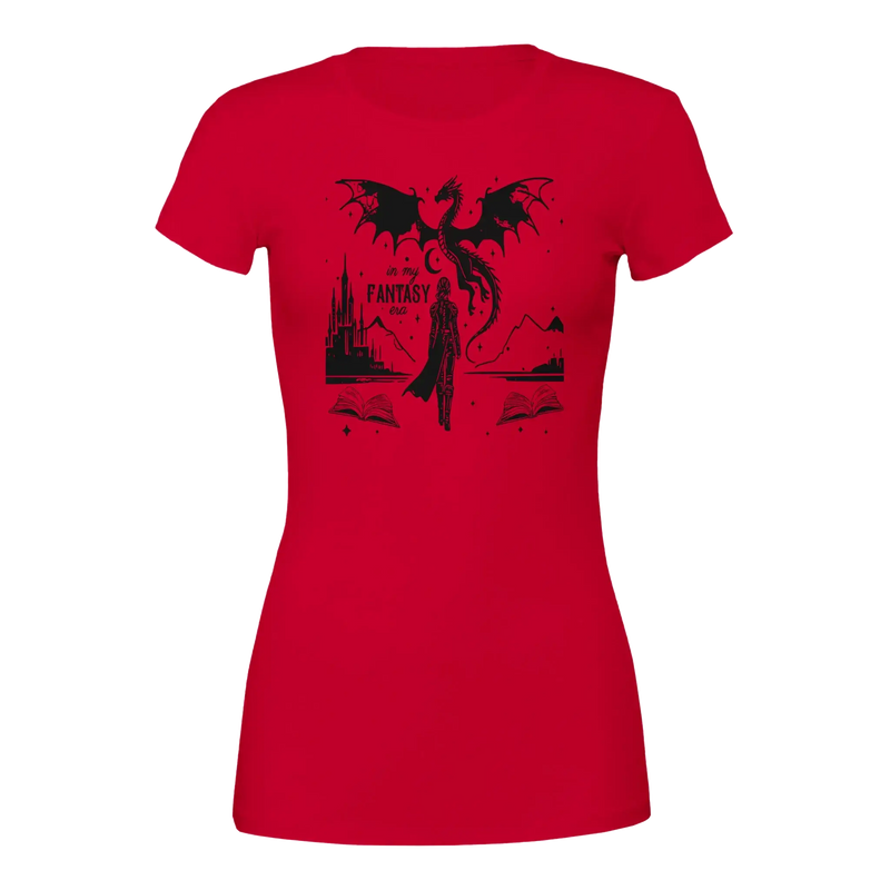 In My Fantasy Era premium red women's crewneck T-shirt featuring a mystical design with a dragon and fantasy elements.