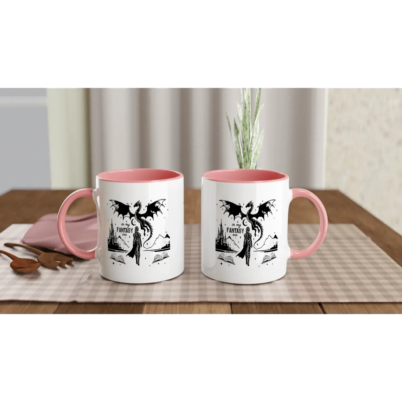 Two 11oz white ceramic mugs with pink interior, featuring fantasy-themed prints, perfect for coffee or hot beverages.