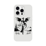 In My Fantasy Era Flexi phone case featuring a dragon, mountains, and open books, designed for impact resistance and wireless charging.