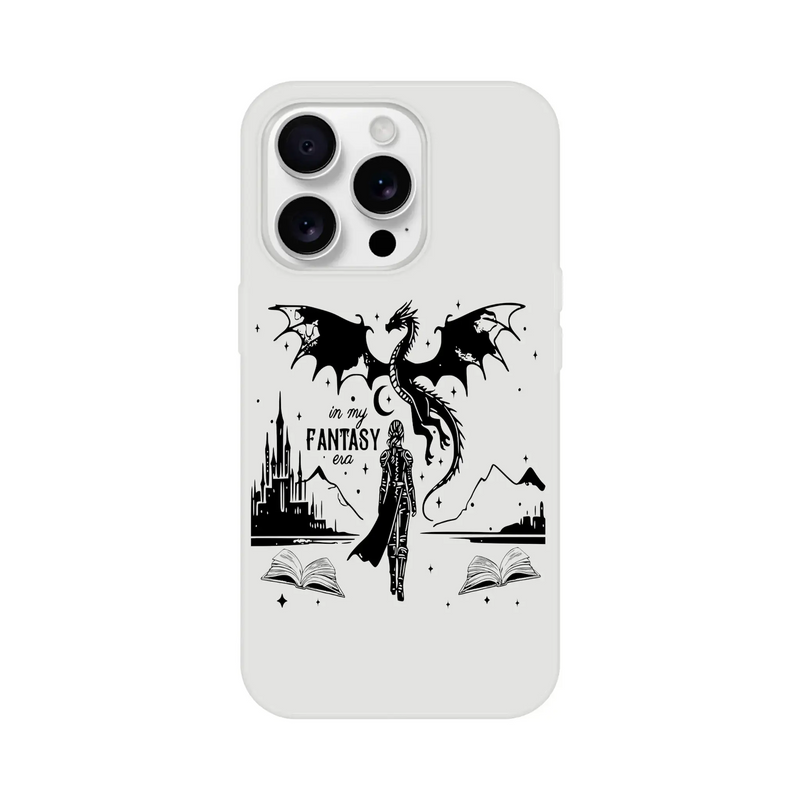 In My Fantasy Era Flexi phone case featuring a dragon, mountains, and open books, designed for impact resistance and wireless charging.