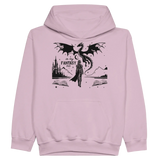 In My Fantasy Era kids' hoodie in pink featuring dragon and castle design, cozy fabric, and classic fit.
