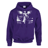 In My Fantasy Era pullover hoodie featuring a dragon design and castle graphics, made of soft cotton-polyester blend.