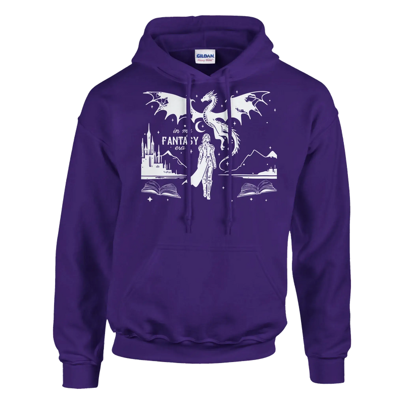In My Fantasy Era pullover hoodie featuring a dragon design and castle graphics, made of soft cotton-polyester blend.