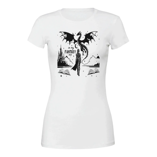 In My Fantasy Era premium women's crewneck t-shirt featuring a dragon and fantasy-themed design on a white background.