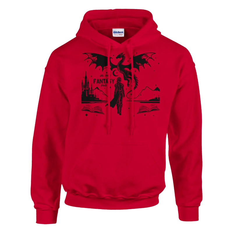 In My Fantasy Era unisex pullover hoodie in red with dragon and fantasy design, perfect for comfortable casual wear.