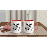 In My Fantasy Era white 11oz ceramic mugs with red inside and handle, perfect for hot beverages.