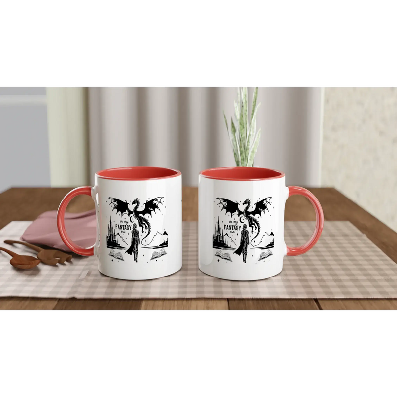 In My Fantasy Era white 11oz ceramic mugs with red inside and handle, perfect for hot beverages.