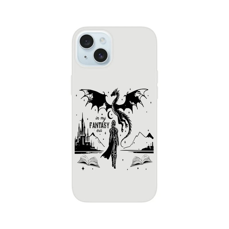 In My Fantasy Era Flexi phone case featuring a dragon and fantasy elements, transparent shell with flexible design.