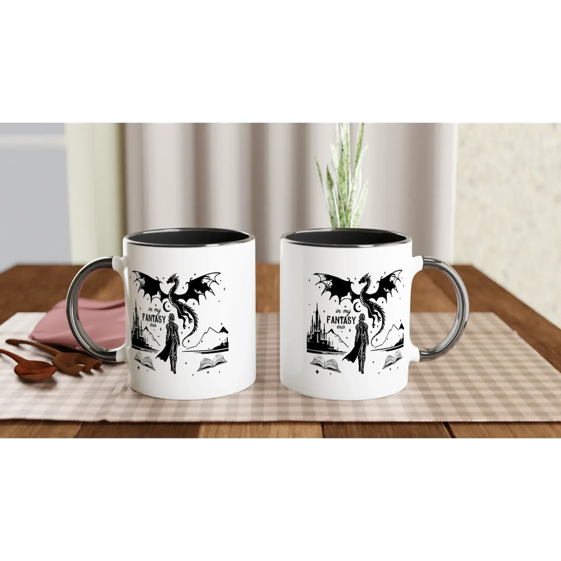 In My Fantasy Era white ceramic mug with colored inside, perfect for coffee or hot beverages, microwave and dishwasher safe.