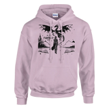 In My Fantasy Era pullover hoodie in pink with dragon and castle design, made of cotton-polyester blend, unisex.