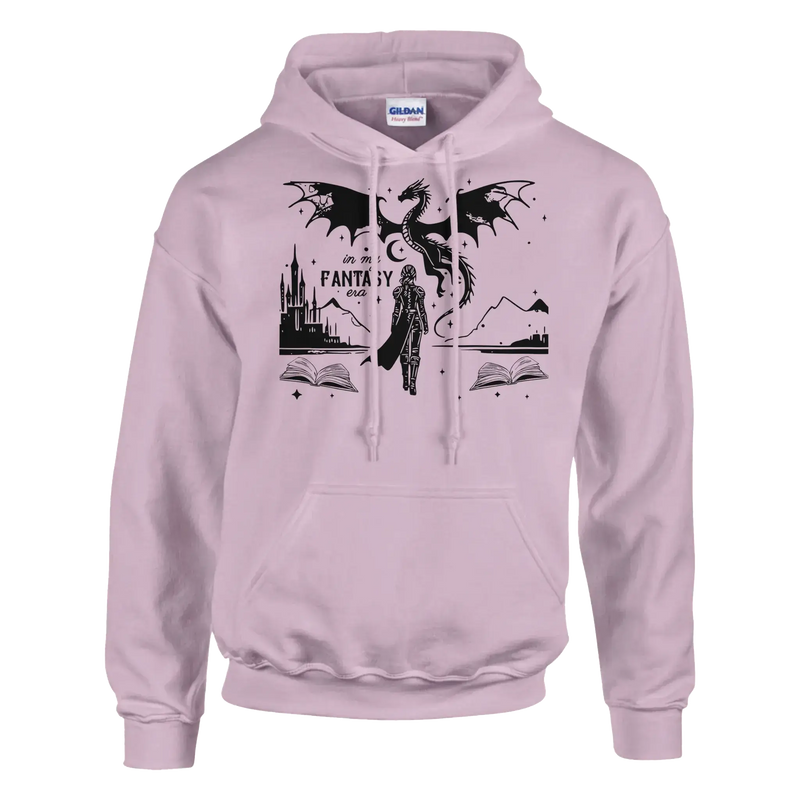 In My Fantasy Era pullover hoodie in pink with dragon and castle design, made of cotton-polyester blend, unisex.