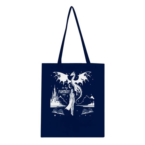 In My Fantasy Era tote bag featuring a dragon and fantasy elements, made from eco-friendly 100% cotton.