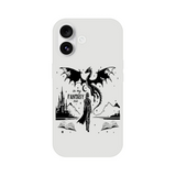 In My Fantasy Era Flexi phone case featuring a mythical dragon and a figure with a castle backdrop.