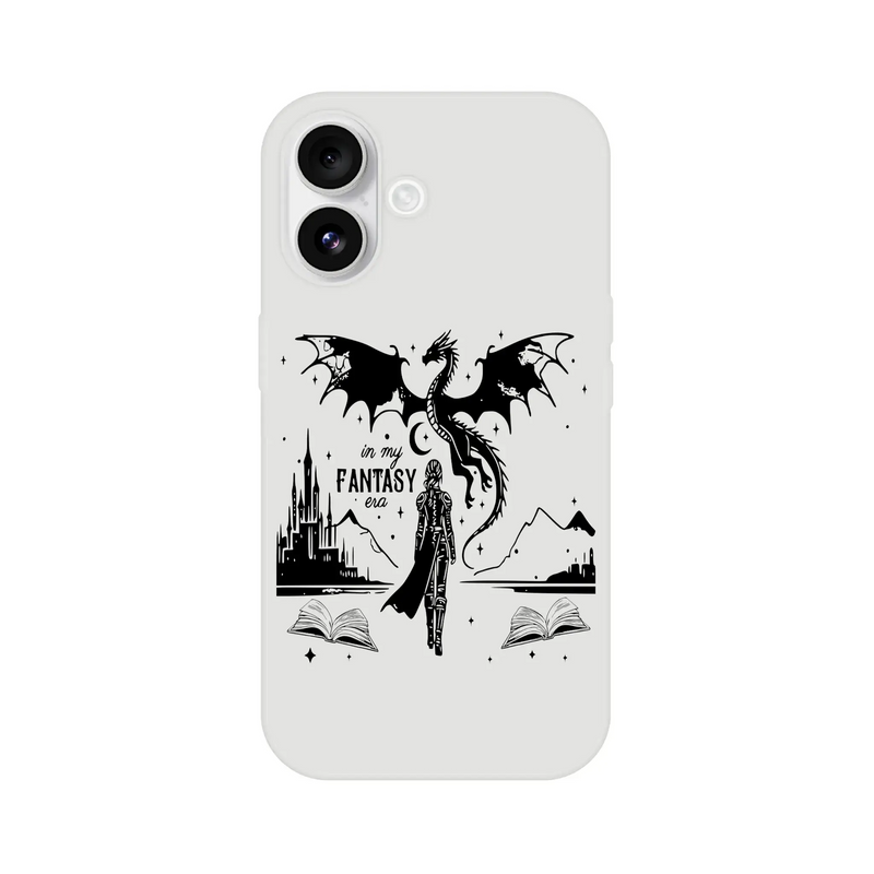 In My Fantasy Era Flexi phone case featuring a mythical dragon and a figure with a castle backdrop.