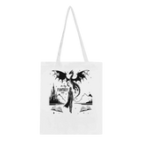 In My Fantasy Era tote bag featuring a dragon, books, and a mystical landscape design on eco-friendly fabric.