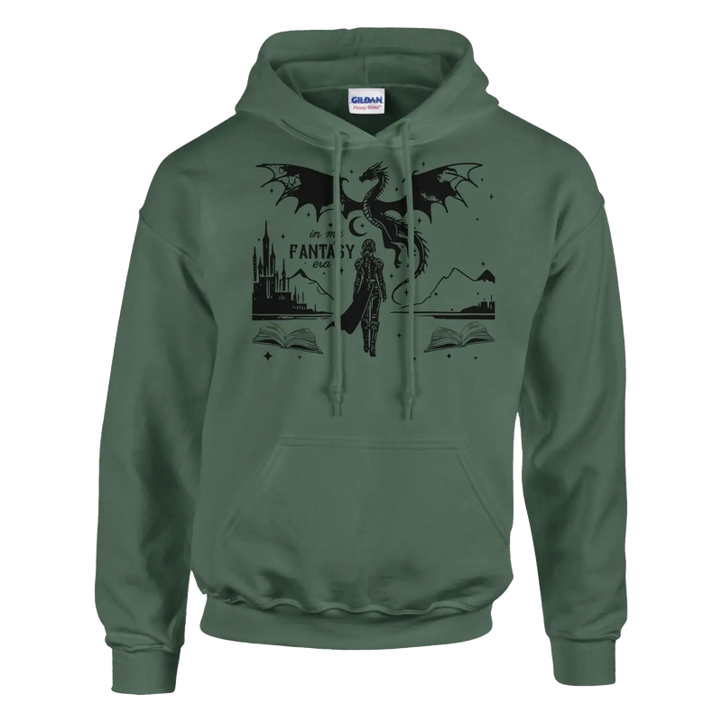 In My Fantasy Era Gildan 18500 unisex pullover hoodie with dragon and book design, olive green color.