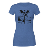 In My Fantasy Era women's crewneck t-shirt in blue featuring a fantasy dragon design and book graphics.