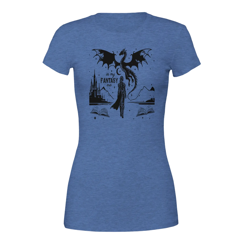 In My Fantasy Era women's crewneck t-shirt in blue featuring a fantasy dragon design and book graphics.