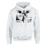 White pullover hoodie featuring a fantasy-themed dragon design with books and a castle.