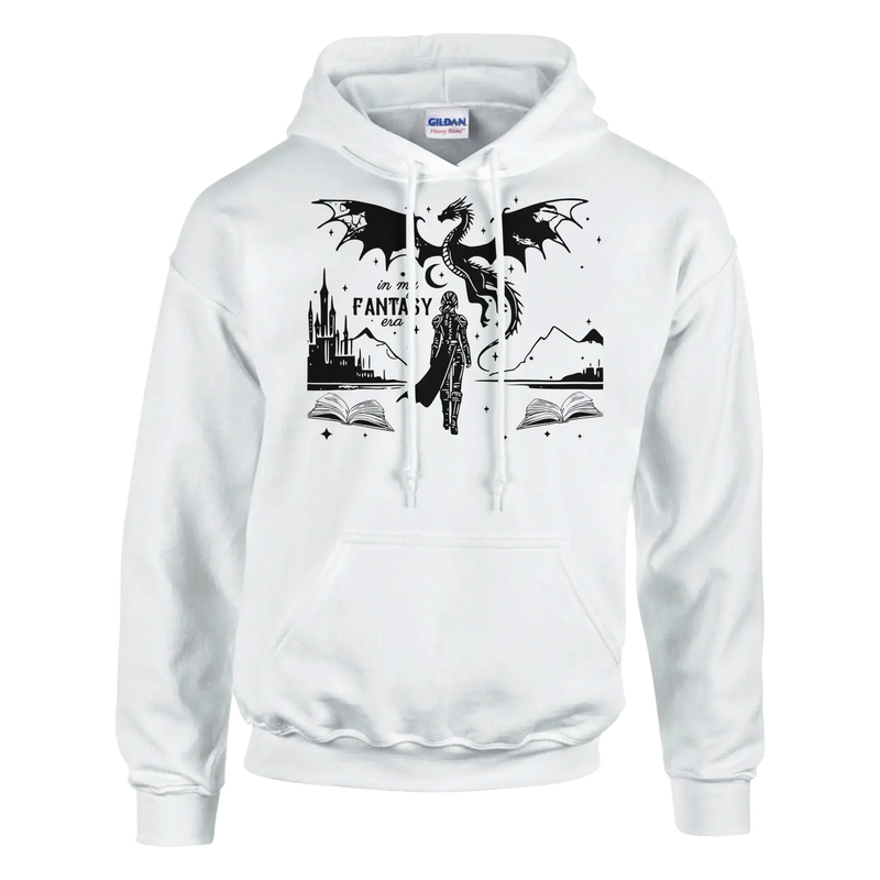 White pullover hoodie featuring a fantasy-themed dragon design with books and a castle.