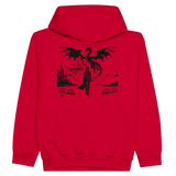 In My Fantasy Era kids red hoodie featuring dragon and magical design, crafted from cozy ring-spun cotton and polyester.