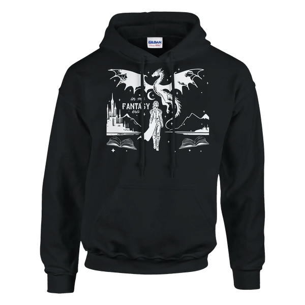 In My Fantasy Era classic unisex pullover hoodie featuring a dragon design and front pouch pocket, available in various sizes.
