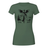 In My Fantasy Era women's crewneck t-shirt in green featuring dragon and fantasy-themed graphic design.