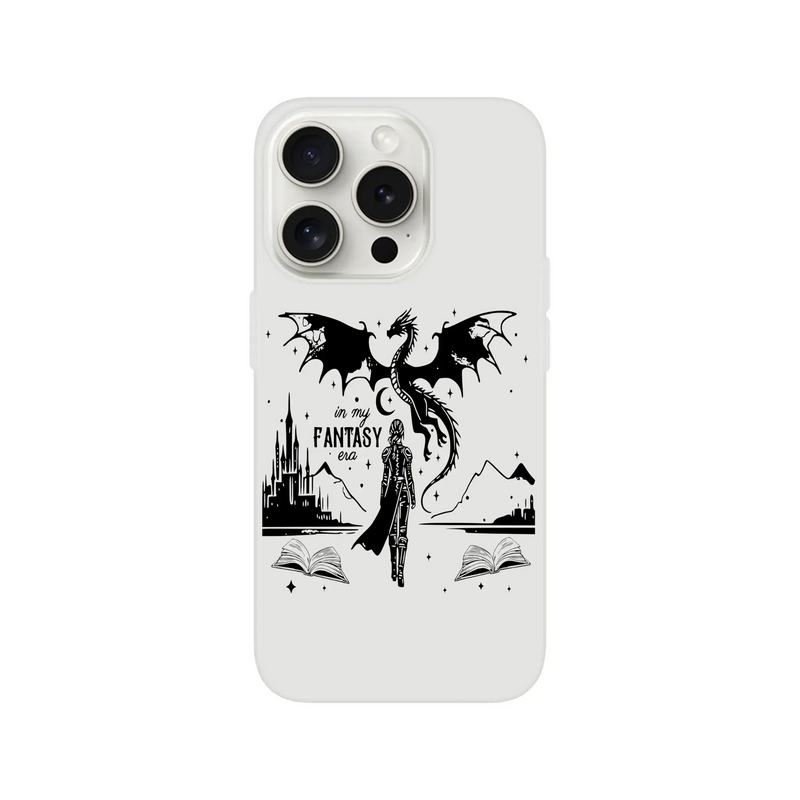 In My Fantasy Era Flexi phone case with dragon and fantasy art design on a transparent shell.